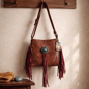 NWT Boutique Leather Boho Fringe Crossbody w/Turquoise Concho